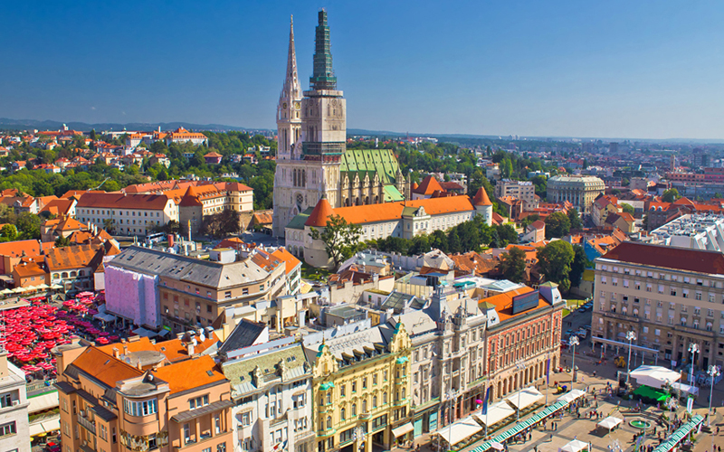 Zagreb main square and cathedral aerial view, Croatia