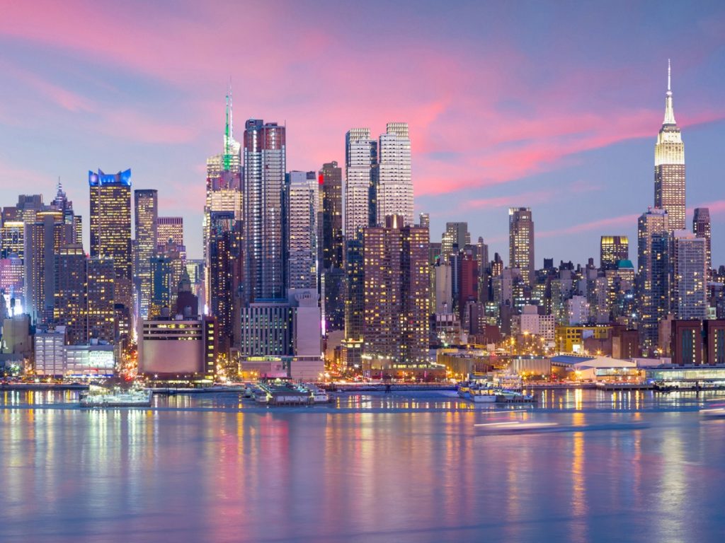 New York City with Empire State Building at sunset